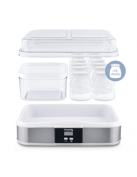 H.Koenig ELY120 - Yaourtière 2 en 1 - 12 pots individuels + 1 pot de 1,2 L